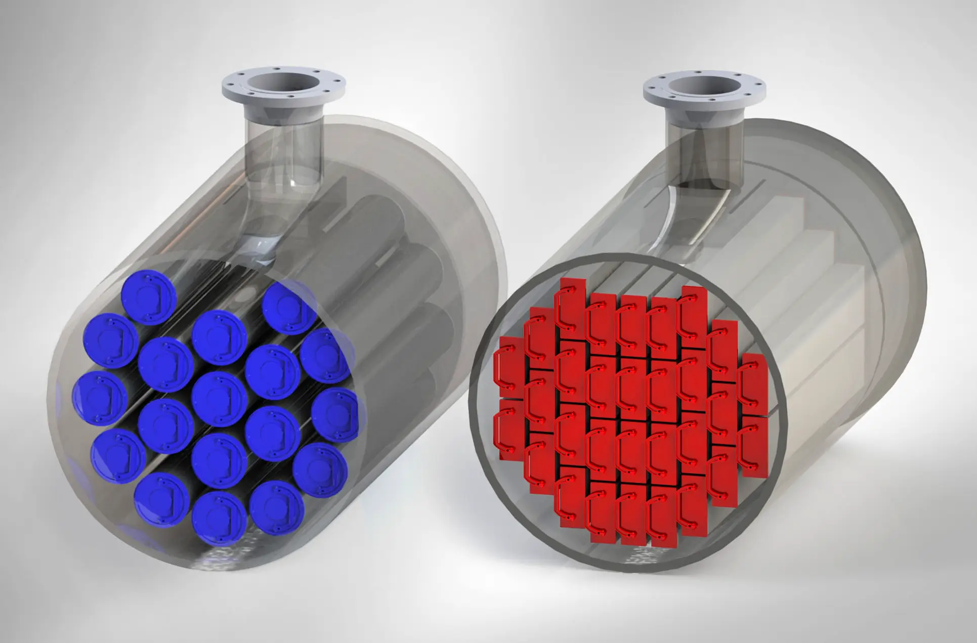 Side-by-side comparison of conventional blue cylindrical cartridges versus Invicta red trapezoidal cartridges