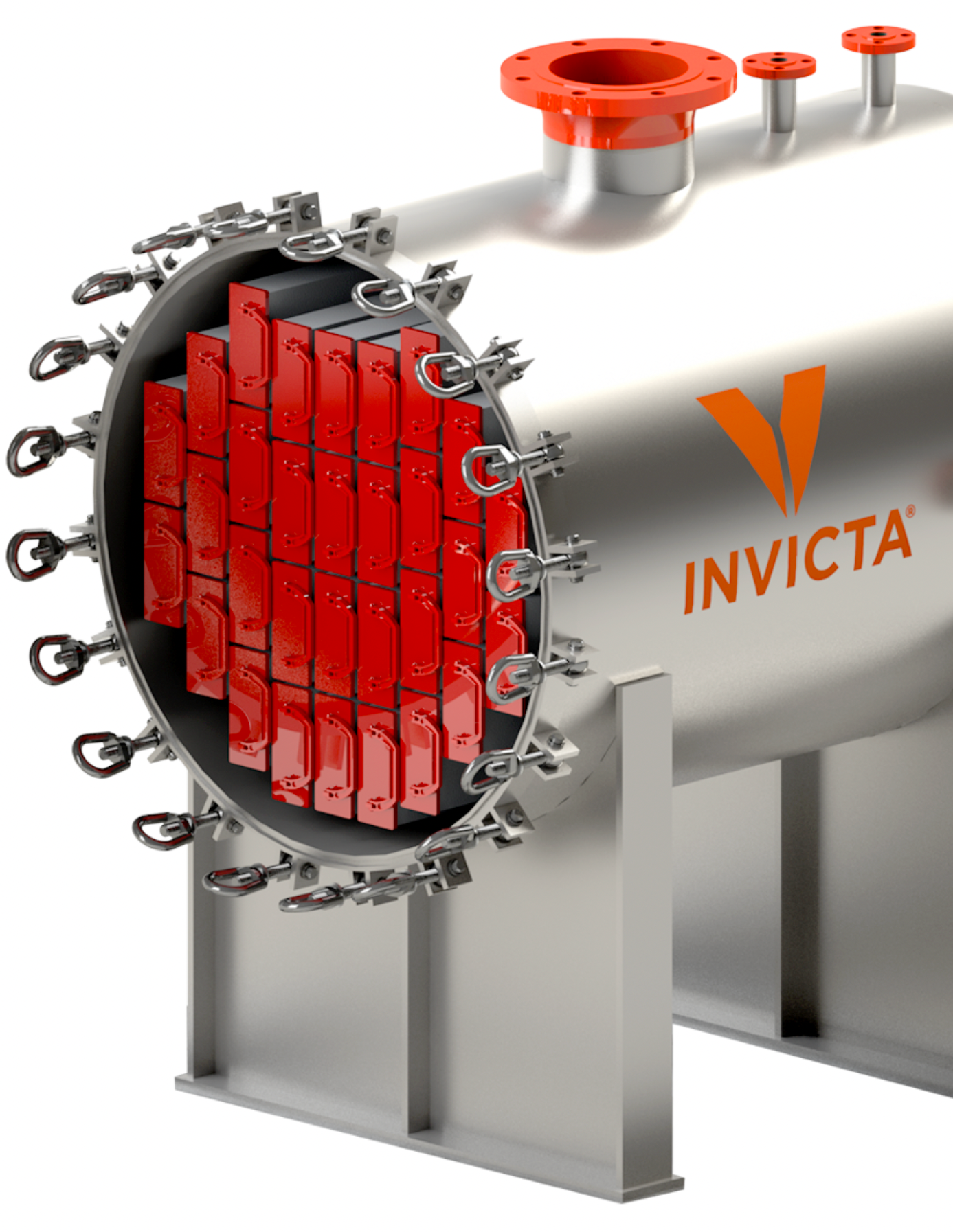 Invicta filter vessel with open end cap revealing trapezoidal red cartridges packed inside, with the INVICTA logo visible on the vessel body